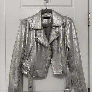 Zara Shimmering Silver Leather Jacket